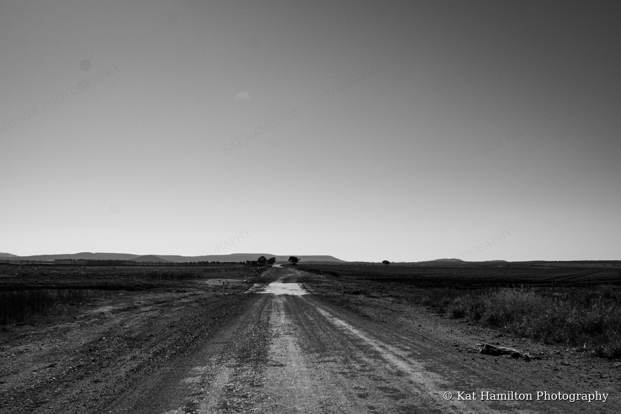 Black and white view down a gravel road across open paddocks, with distant hills on the horizon.
